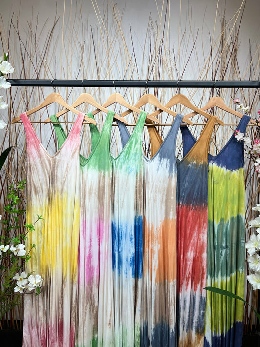 Robe Longue Tie & Dye Tricolore Bretelles Large Col V