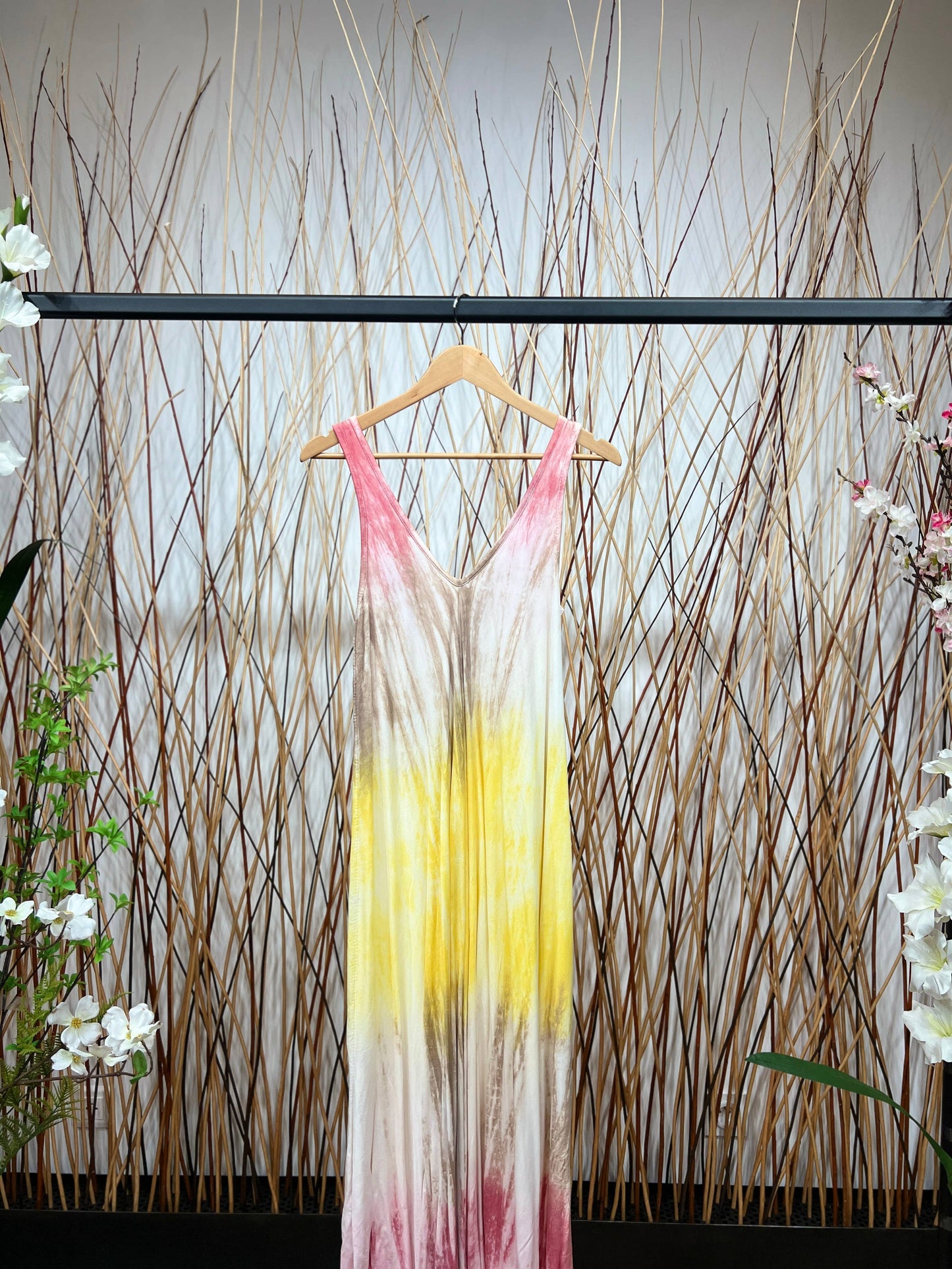 Robe Longue Tie & Dye Tricolore Bretelles Large Col V