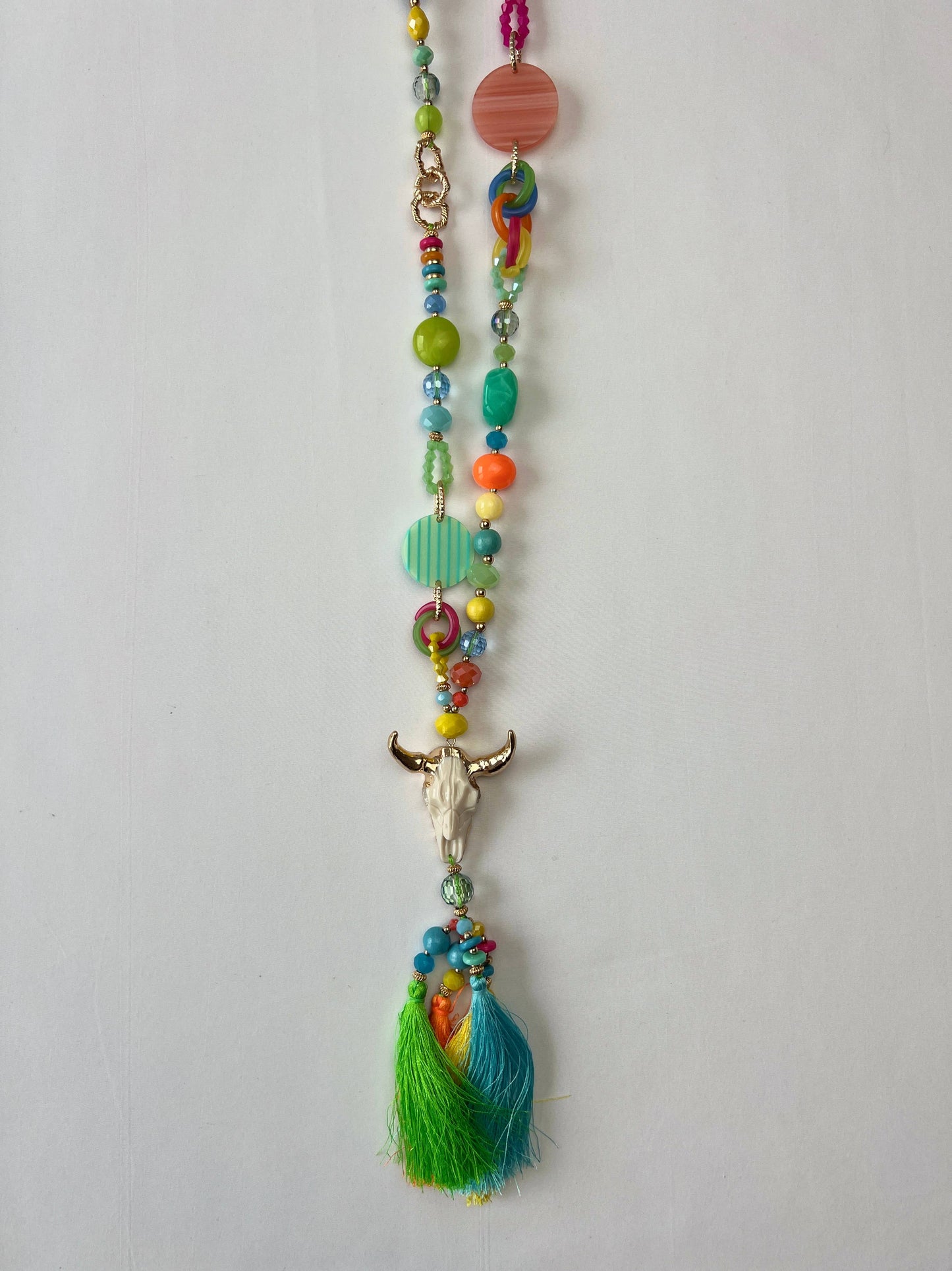 Collier Sautoir à Perles Multicolore Pampilles Et Crâne