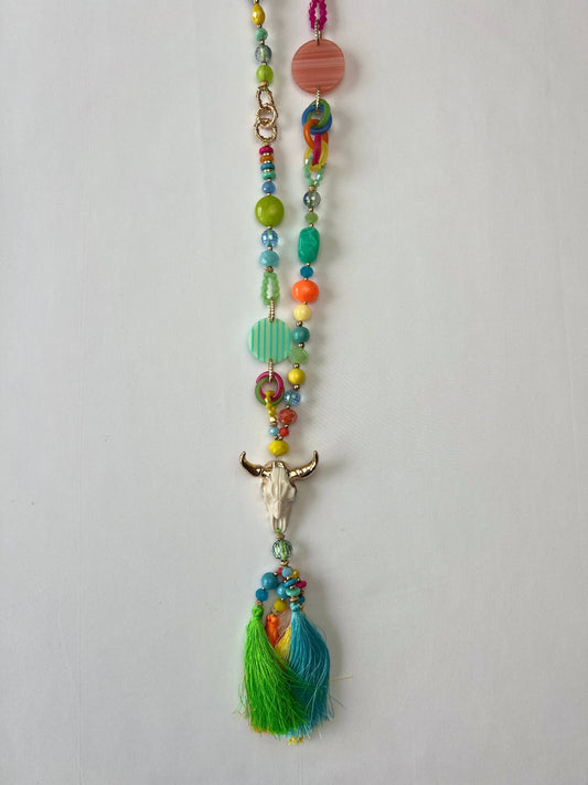 Collier Sautoir à Perles Multicolore Pampilles Et Crâne
