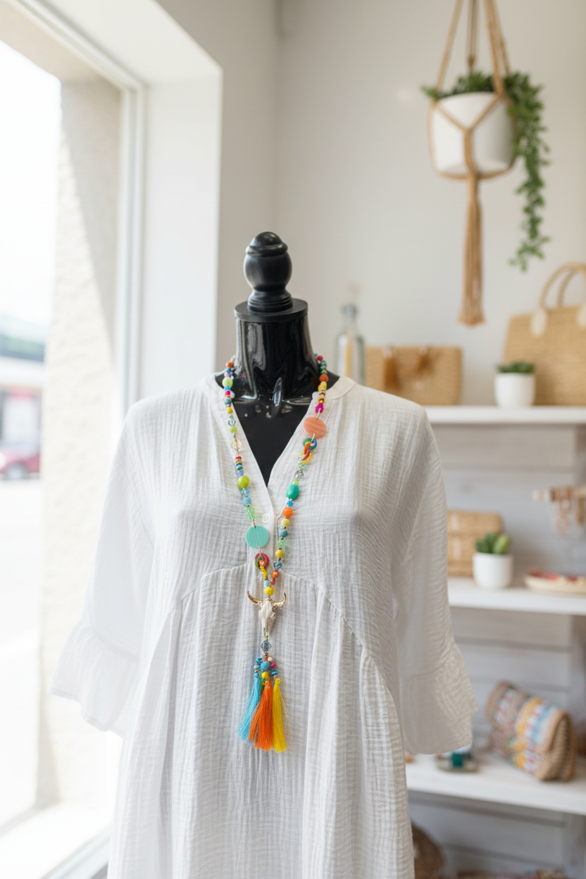 Collier Sautoir à Perles Multicolore Pampilles Et Crâne