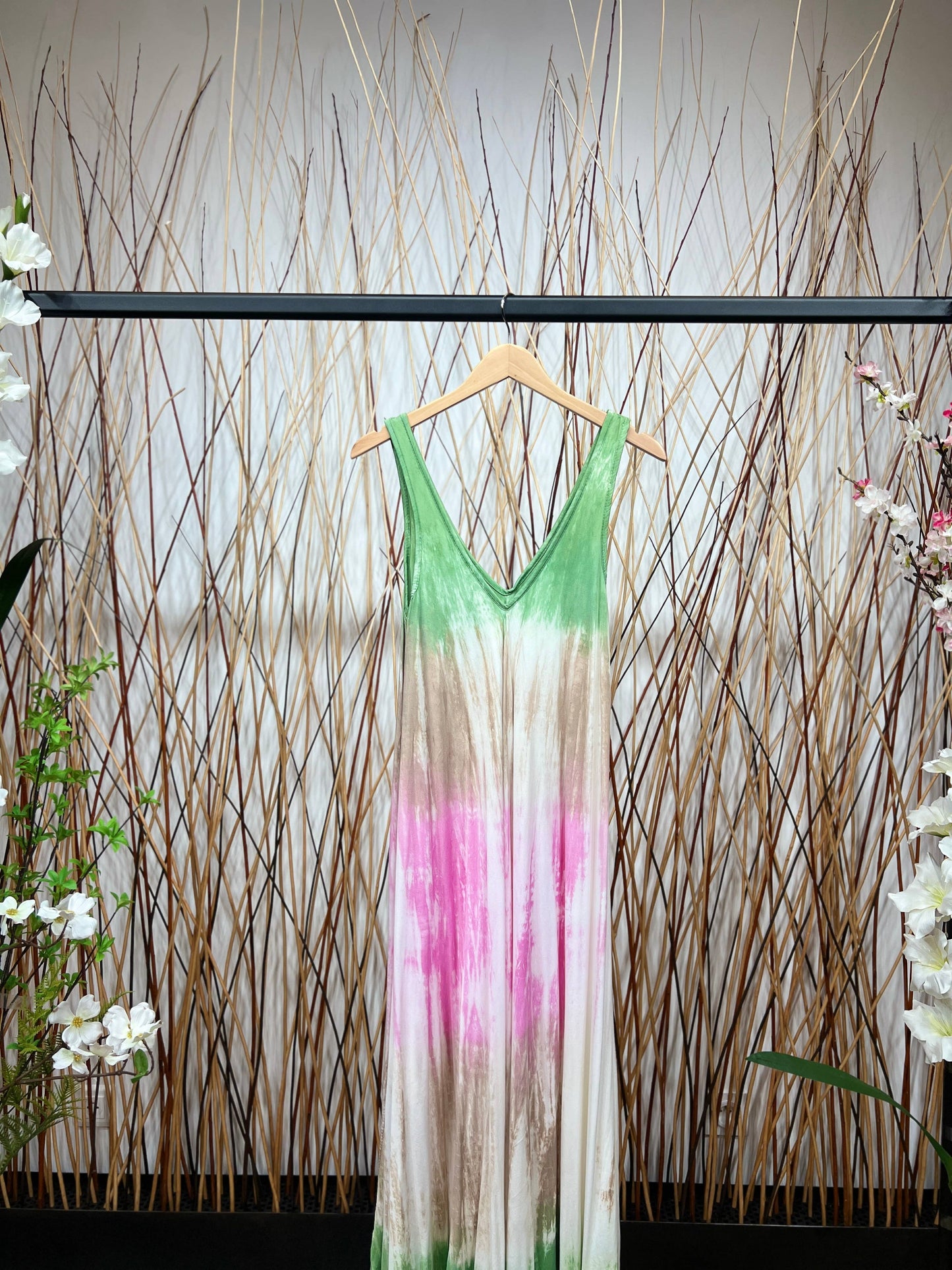 Robe Longue Tie & Dye Tricolore Bretelles Large Col V