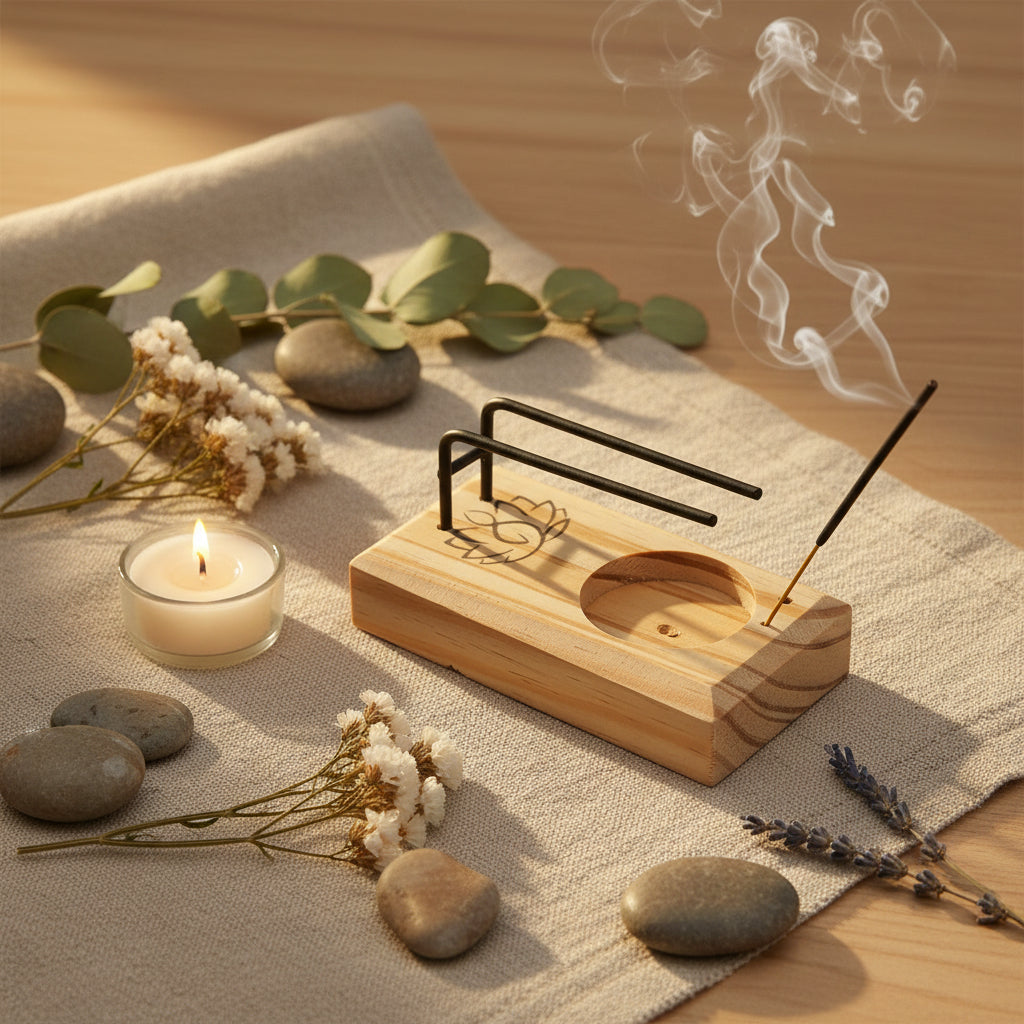 Brûleur d’encens en bois avec motif fleur de lotus 11 x 6 cm